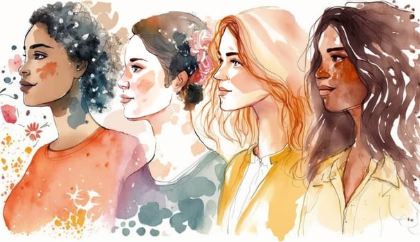 Female diverse faces profile watercolor style, different ethnicity and hairstyle. Woman empowerment movement. Happy International Women's day, 8 March. Generative ai