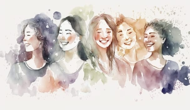 Female diverse faces profile watercolor style, different ethnicity and hairstyle. Woman empowerment movement. Happy International Women's day, 8 March. Generative ai