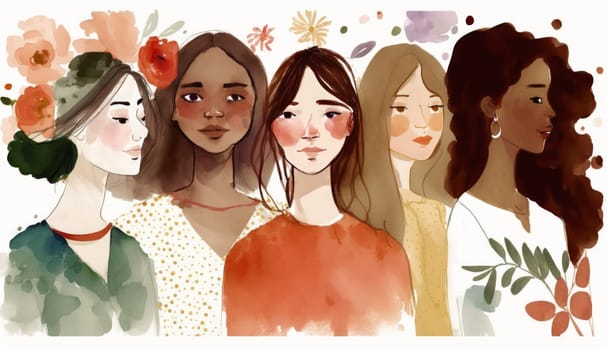 Female diverse faces profile watercolor style, different ethnicity and hairstyle. Woman empowerment movement. Happy International Women's day, 8 March. Generative ai