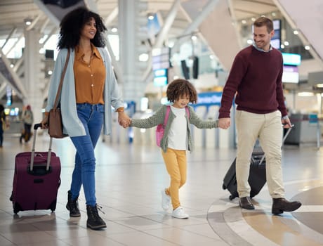 Family, holding hands at airport and travel with luggage, parents and child walking, ready for vacation and flight. Trust, adventure and people together at airline, transportation and journey.