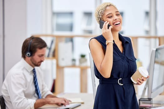 Happy phone call, communication or woman in office for conversation, discussion and talking in New York. Smile, good news and callcenter girl on smartphone for speaking, networking or mobile device.