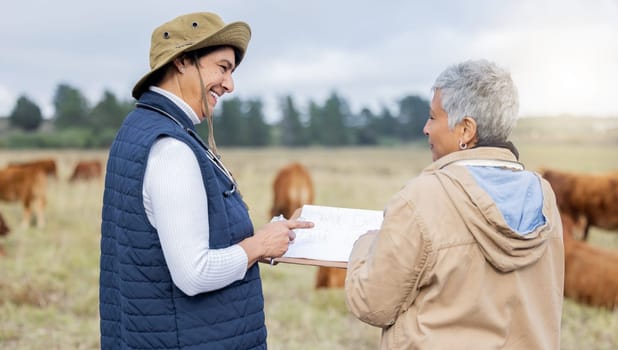 Cow, farmer or veterinarian writing checklist to monitor animals, livestock wellness or field agriculture. Cattle, senior or happy people working to protect cows healthcare for growth sustainability.