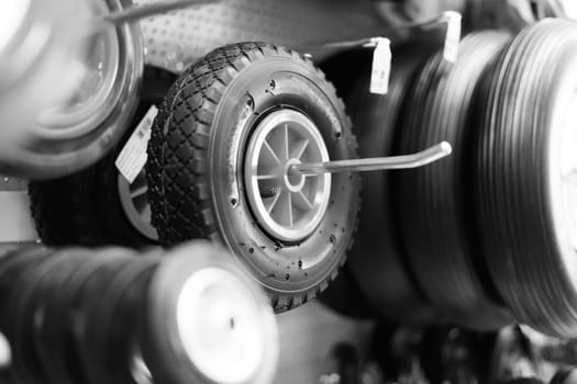 Industrial trolley Swivel Rubber Caster Wheels in a store not fixed and break wheel.