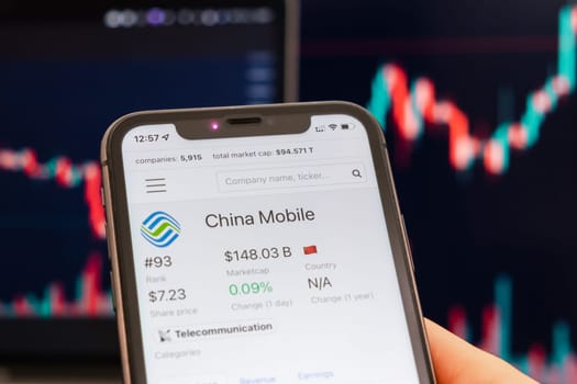 China Mobile stock price on the screen of cell phone in mans hand with changing stock market exchange with trading candlestick graph analysis, February 2022, San Francisco, USA