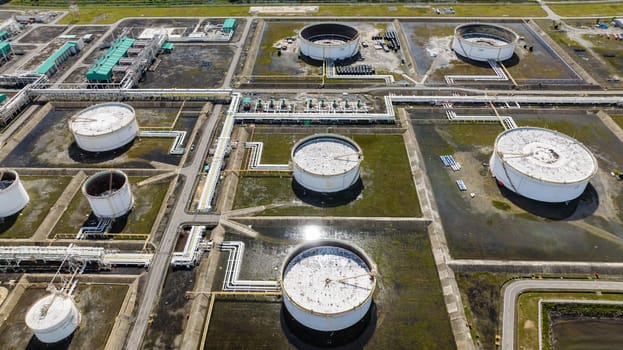 Oil and gas terminal with storage tanks for petroleum products. Borneo, Sabah, Malaysia.