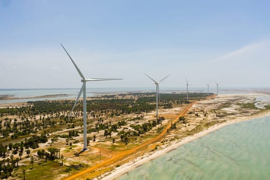 Aerial view of Group of windmills for renewable electric energy production. Jaffna, Sri Lanka. Wind Power Station.