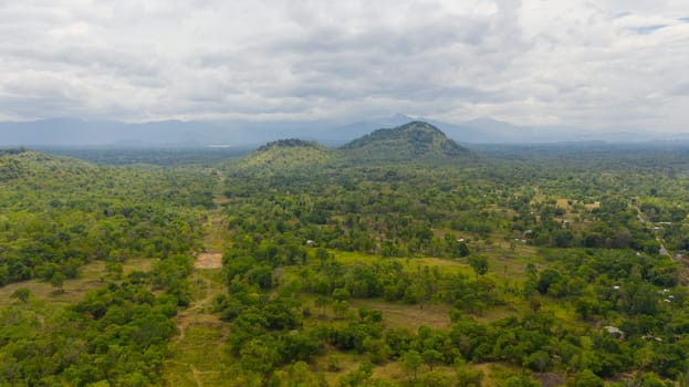 Aerial view of Mountain valley with farmland and tropical forest. Sri Lanka.
