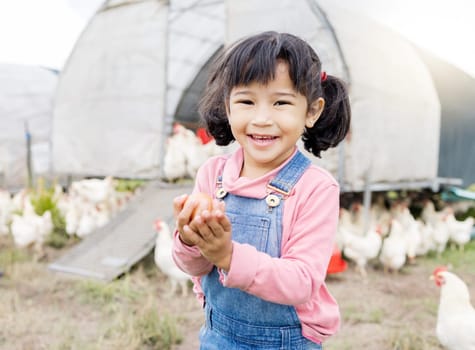 Portrait, Asian girl and farm for agriculture, chicken and happiness on holiday, vacation and holding eggs. Face, female child or kid in Japan, farming and sustainability with animals and countryside.