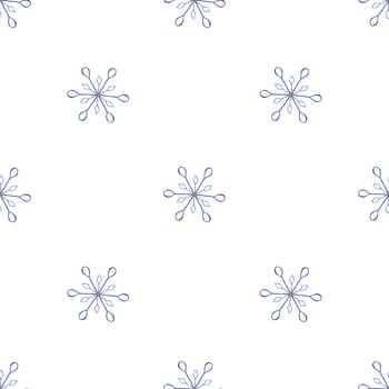 Simple Seamless Pattern with Hand Drawn Snowflakes. Digital Paper in Blue and White with Snowflakes Drawn by Colored Pencils. Winter Seamless Background for Christmas, New Year, Xmas.