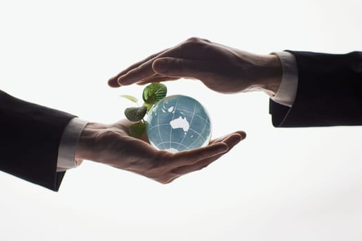 earth in hands. Glass World, on a white background