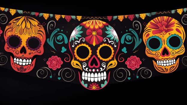 Mexican Dia de los Muertos (Day of the Dead) sugar skull with flowers illustration.