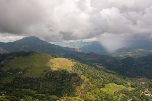 Mountain slopes with rainforest and agricultural land of farmers. Sri Lanka.
