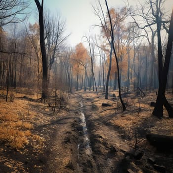 Charred and blackened forest after a fire has passed through