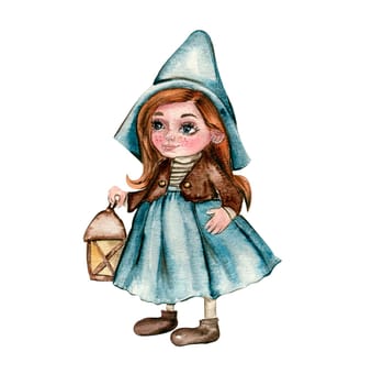 Watercolor hand drawn autumn girl gnome . Hand drawn illustration of autumn. Perfect for scrapbooking, kids design, wedding invitation, posters, greetings cards, party decoration.