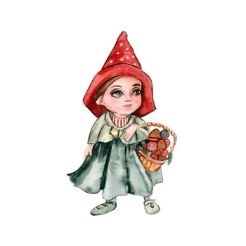 Watercolor hand drawn autumn girl gnome . Hand drawn illustration of autumn. Perfect for scrapbooking, kids design, wedding invitation, posters, greetings cards, party decoration.