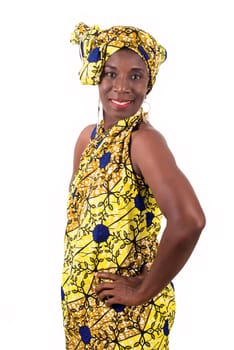 African woman in yellow loincloth posing happily isolated on white background