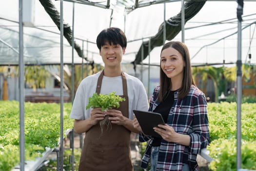 male and female agriculture using tablet in greenhouse garden organic farming concept in the greenhouse.