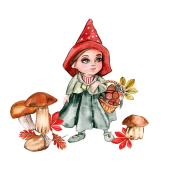 Composition of an autumn girl gnome . Hand drawn illustration of autumn. Perfect for scrapbooking, kids design, wedding invitation, posters, greetings cards, party decoration.