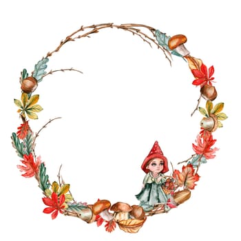 Fall wreath, for cards, backgrounds. Watercolor illustration for scrapbooking. Cartoon hand drawn background with flower for kids design. Perfect for wedding invitation.