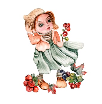 Watercolor hand drawn autumn girl gnome and autumn flwer. Hand drawn illustration of autumn. Perfect for scrapbooking, kids design, wedding invitation, posters, greetings cards, party decoration.