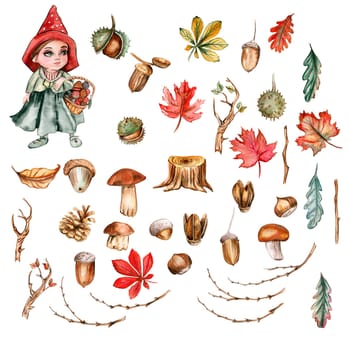 Autumn set of leaves and mushrooms. Hand drawn illustration of autumn. Perfect for scrapbooking, kids design, wedding invitation, posters, greetings cards, party decoration.