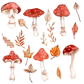 Watercolor hand drawn autumn leaves and mushrooms. Hand drawn illustration of autumn. Perfect for scrapbooking, kids design, wedding invitation, posters, greetings cards, party decoration.