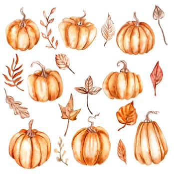 Watercolor hand drawn autumn leaves and pumpkins. Hand drawn illustration of autumn. Perfect for scrapbooking, kids design, wedding invitation, posters, greetings cards, party decoration.