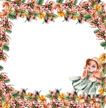 Flowers autumn square frame, border for card. Watercolor illustration for scrapbooking isolated in white background. Hand drawn background with flower for design. Perfect for wedding invitation.