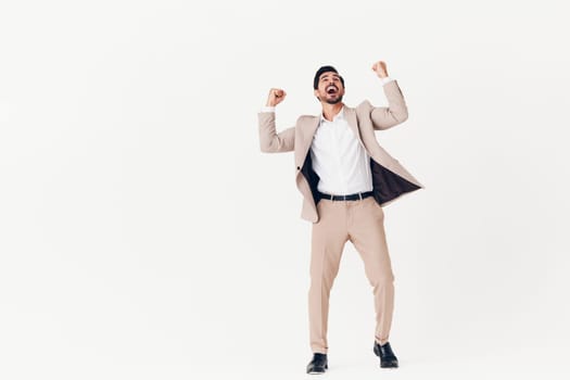 up man job jumping business jacket person running beige fashion flying beard happy winner victory smiling success cheerful suit sexy tie businessman