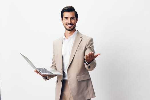 guy man cheerful internet model isolated shirt network laptop freelancer job businessman smiling suit beige computer technology happy beard business copyspace