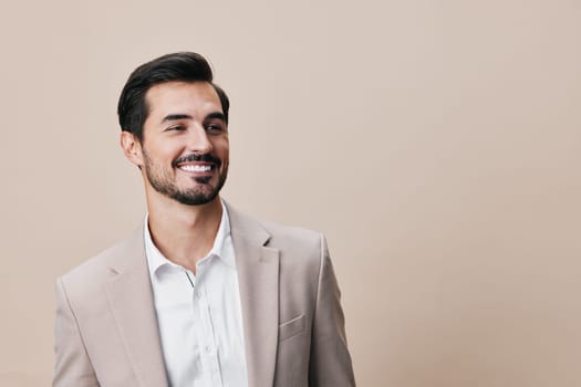 man guy happy handsome formal grey model shirt smiling occupation successful office portrait beige copyspace smile business businessman stylish tie suit