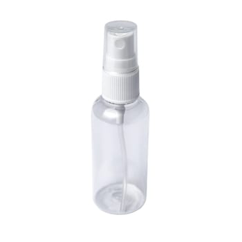 Instant antiseptic hand sanitizer mist spray, antibacterial alcohol liquid. One transparent plastic bottle with atomizer pump isolated on white background, studio shot. Mini travel pocket small size.