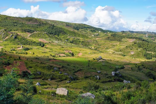 Typical Madagascar landscape - green and yellow rice terrace fields on small hills with clay houses in region near Vohiposa.