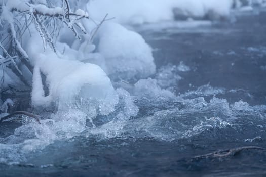 Snow and ice covered tree twigs on frozen river, closeup detail, water flows over rocks forming waves and bubbles - winter background.