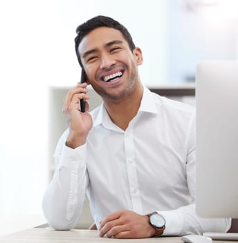 Happy, phone call and business man in office for networking, communication and contact. Technology, corporate and connection with male employee for conversation, entrepreneur and discussion.