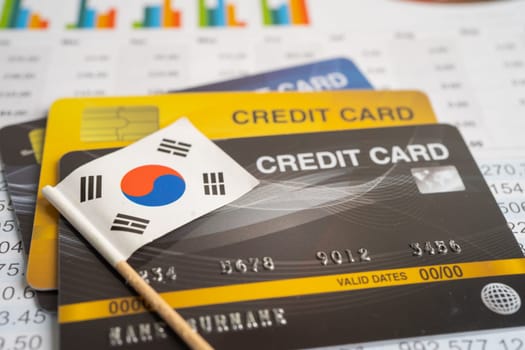 Credit card model with Korea flag, financial investment economy business banking concept.