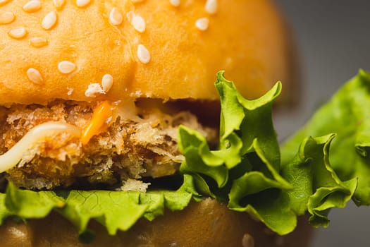 Close up of delicious hamburger with dark background for bakery, food and eating concept, selective focus image