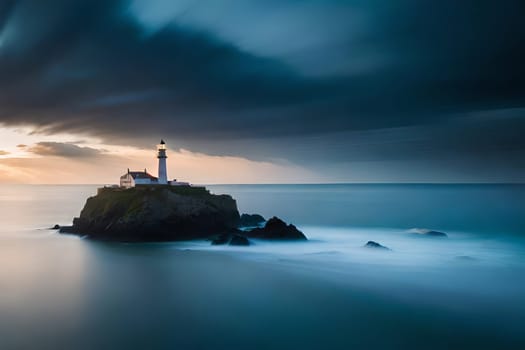 Moonlight in ocean landscape. The ocean stretches out as far as the eye can see, its surface a canvas of deep, midnight blue. AI generated image