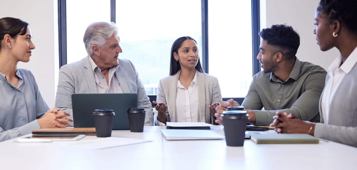 Teamwork, planning and discussion with business people in meeting for conference, diversity and feedback. Collaboration, agenda and growth with employees in office for conversation and brainstorming.