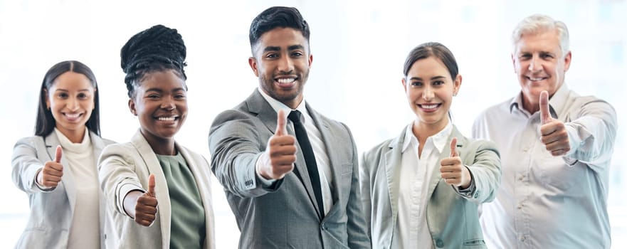 Business people, portrait and thumbs up for winning, success or corporate banner in teamwork at office. Businessman and happy group with thumb emoji, yes sign or like for team approval at workplace.