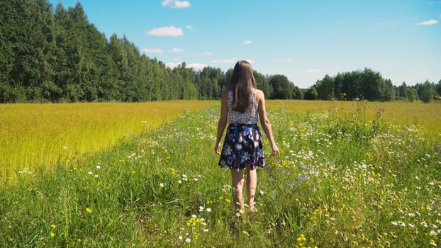 Girl walks the field, among flowers and grass. Young girl going away in green field.