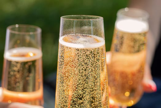 women drinking wine. three glasses white wine in female hands. flute glass of champagne with bubbles outdoors isolated against. garden scene blurred in the background. Cold Beer in glass. outdoor