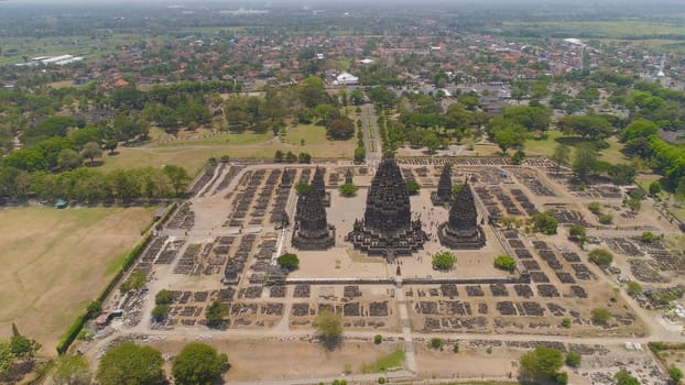 aerial view hindu temple Candi Prambanan in Indonesia Yogyakarta, Java. Rara Jonggrang Hindu temple complex. Religious building tall and pointed architecture Monumental ancient architecture, carved stone walls.