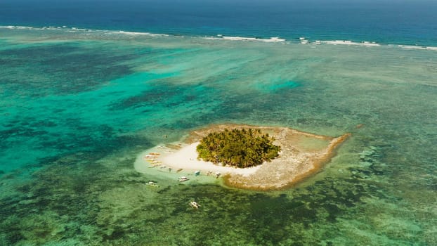 Tropical island with beautiful beach, palm trees and turquoise water view from above. Guyam island, Philippines, Siargao. Summer and travel vacation concept
