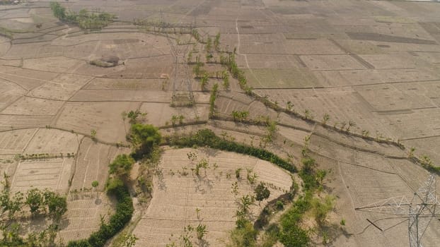 Electricity pylons bearing power supply across rural landscape. aerial view power pylons and high voltage lines java, indonesia.High voltage metal post, tower. Electric Power Transmission Lines over trees.
