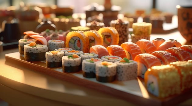 Ready sushi, rolls in the restaurant. Generative AI. High quality illustration
