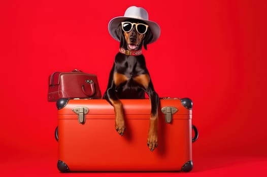 Doberman breed dog, in sunglasses, in a hat, on a red background in the studio, next to suitcases for vacation, summer travel concept. Generative AI.