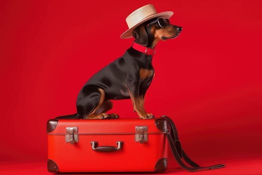 Doberman breed dog, in sunglasses, in a hat, on a red background in the studio, next to suitcases for vacation, summer travel concept. Generative AI.
