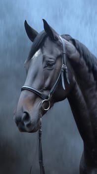 Portrait of a black horse, close-up. vertically. Generative AI.