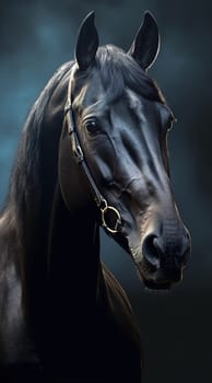 Portrait of a black horse, close-up. vertically. Generative AI.